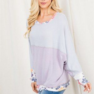 HOPELY Batwing Sleeve Crew Neck Floral Edge Hem Autumn Jersey Small Lavender Top